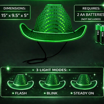 Green LED Flashing EL Wire Glow Sequin Cowboy Party Hat