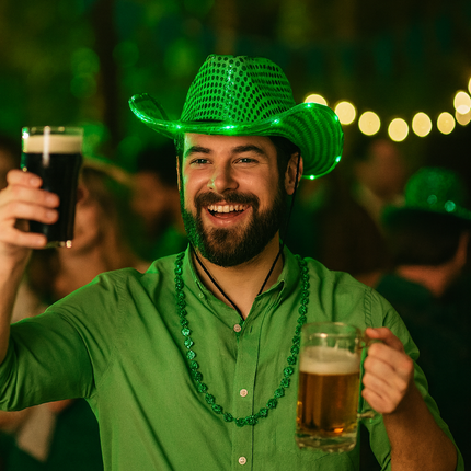 Green light up sequin cowboy hat for St. Patrick's day