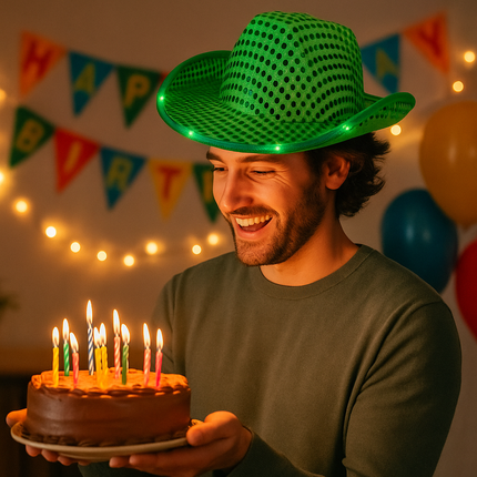 Green sequin cowboy hat with LED lights
