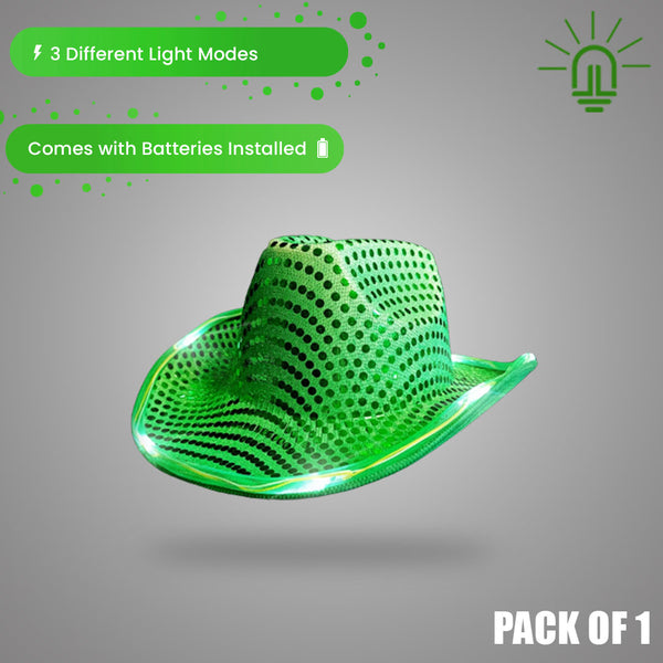 LED Light Up Flashing Green Cowboy Hat With Sequins