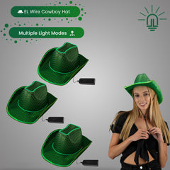 LED Flashing Green EL Wire Sequin Cowboy Party Hat - Pack of 3 Hats