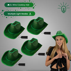 LED Flashing Green EL Wire Sequin Cowboy Party Hat - Pack of 4 Hats