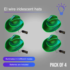 Green EL WIRE Light Up Iridescent Space Cowboy Hat - Pack of 4 Hats