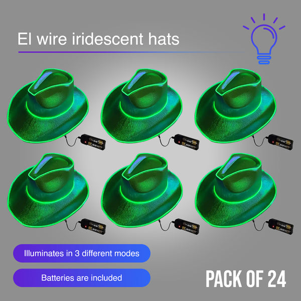 EL WIRE Light Up Iridescent Space Cowboy Hat - Green Pack of 24 Hats