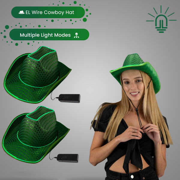 LED Flashing Green EL Wire Sequin Cowboy Party Hat - Pack of 2 Hats