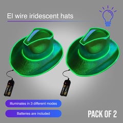 Green EL WIRE Light Up Iridescent Space Cowboy Hat - Pack of 2 Hats