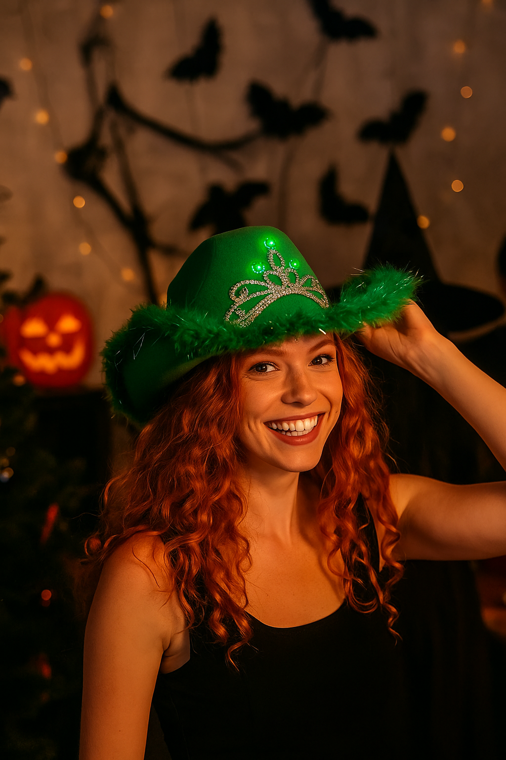8476 Green Cowgirl Hat – Sequin With Tiara Crown For Women, Girls LED Green Cowboy Hat with Tiara and Feathers (Each) – Mardi  main image 3