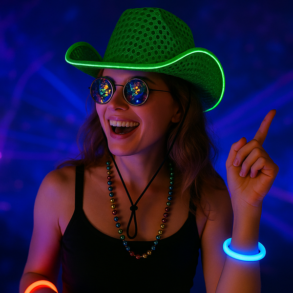 Green LED Flashing EL Wire Glow Sequin Cowboy Party Hat