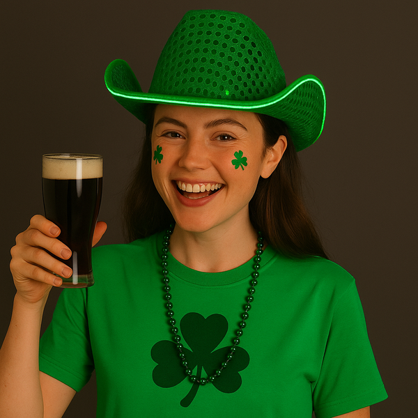 Green LED Flashing EL Wire Glow Sequin Cowboy Party Hat