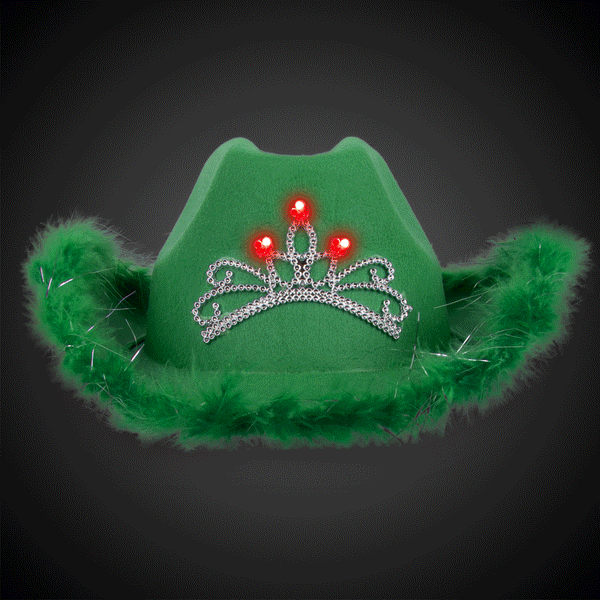 Green Feather Cowboy Hat With LED Light Up Flashing Tiara