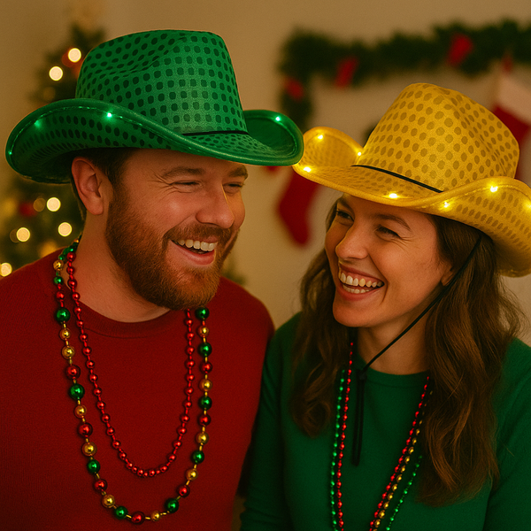 LED Light Up Flashing Sequin Green & Gold Cowboy Hat - Pack of 2 Hats