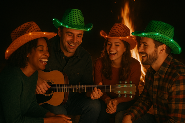 LED Light Up Flashing Sequin Green & Orange Cowboy Hat - Pack of 2 Hats