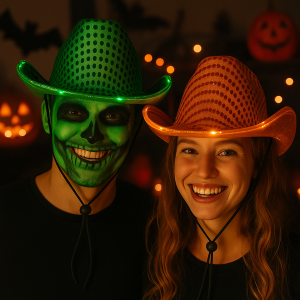 LED Light Up Flashing Sequin Green & Orange Cowboy Hat - Pack of 2 Hats
