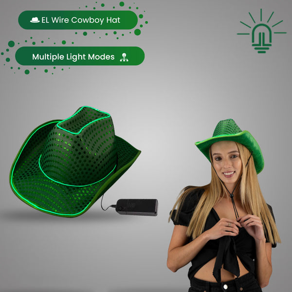 Green LED Flashing EL Wire Glow Sequin Cowboy Party Hat