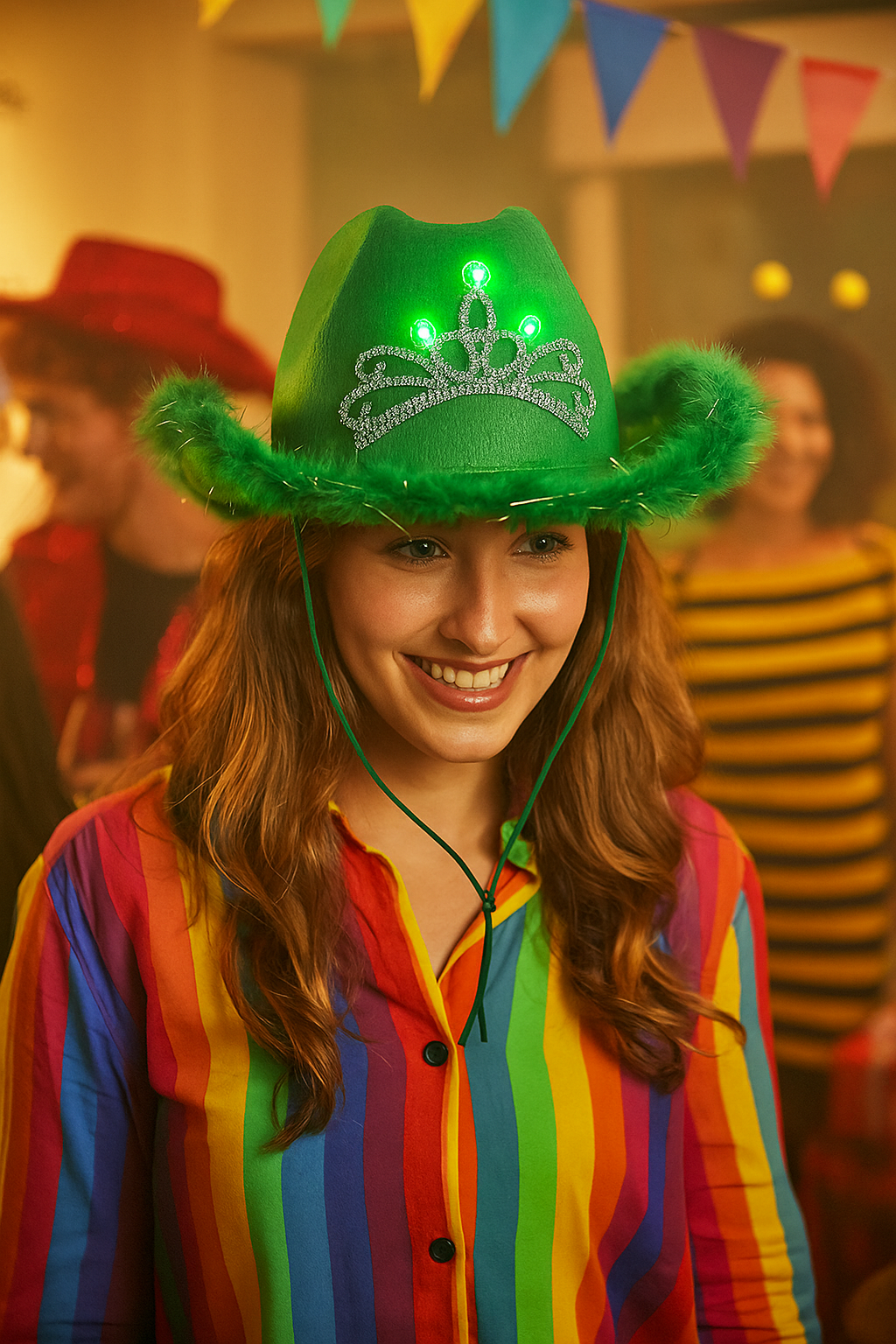 9769 Led Light-up Cowboy Hat With Blinking Tiara (green) LED Light Up Green Feather Cowboy Hat With Tiara  main image 3
