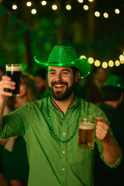 Green light up sequin cowboy hat for St. Patrick's day