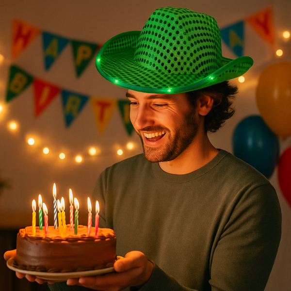 LED Light Up Flashing Green Cowboy Hat With Sequins
