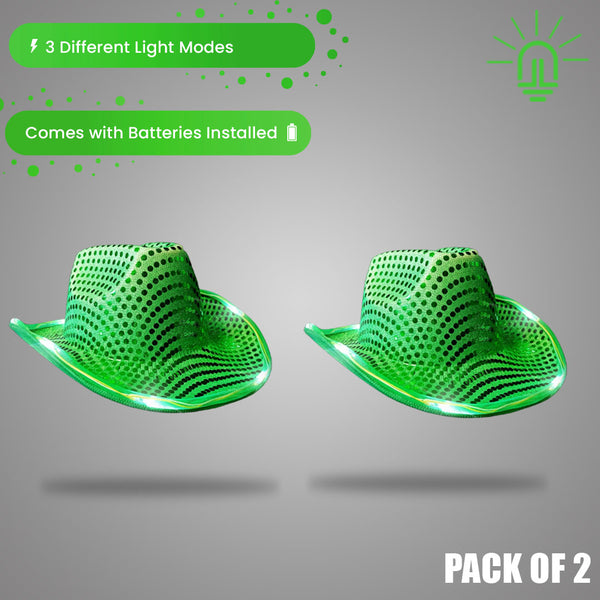 LED Light Up Flashing Green Cowboy Hat With Sequins Pack of 2