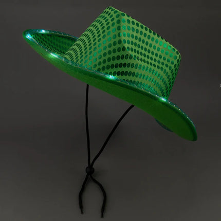 LED Light Up Flashing Green Sequin Cowboy Hat
