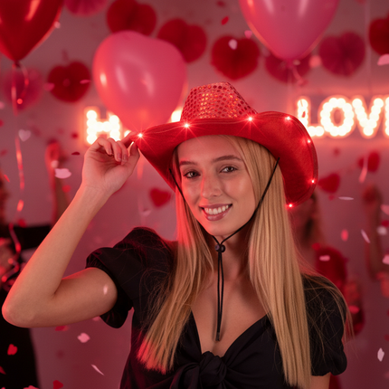 LED Light Up Flashing Red Cowboy Hat With Sequins by Party glowz