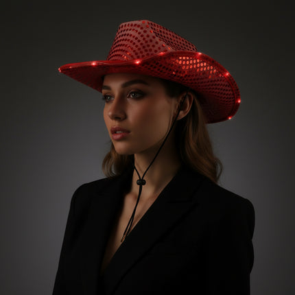 LED Light Up Flashing Red Cowboy Hat With Sequins