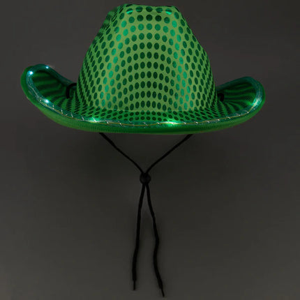LED Light Up Flashing Green Sequin Cowboy Hat