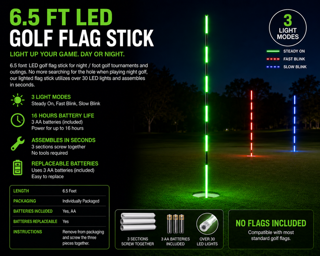 LED Light Up 6.5 ft Night Golf Putting Flag Sticks