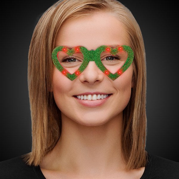LED Light Up Green Heart Glitter Glasses
