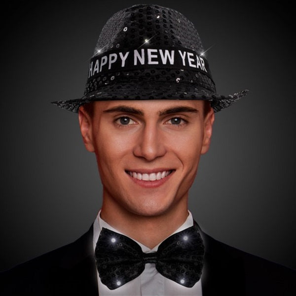 LED Light Up Happy New Year Black Sequins Fedora Hat