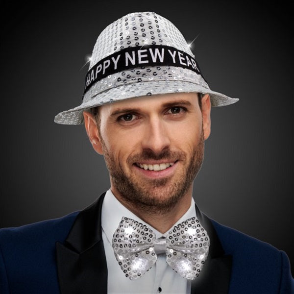 LED Light Up Happy New Year Silver Sequins Fedora Hat