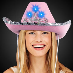 LED Light Up Pink Felt Cowboy Hat With Tiara