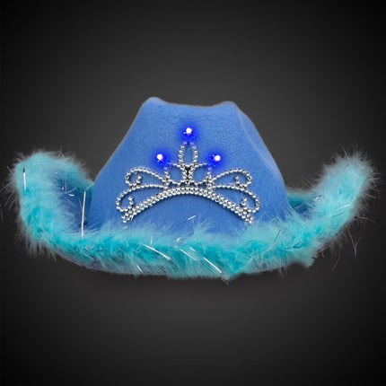 LED Blue Feather Cowboy Hat With Light Up Tiara