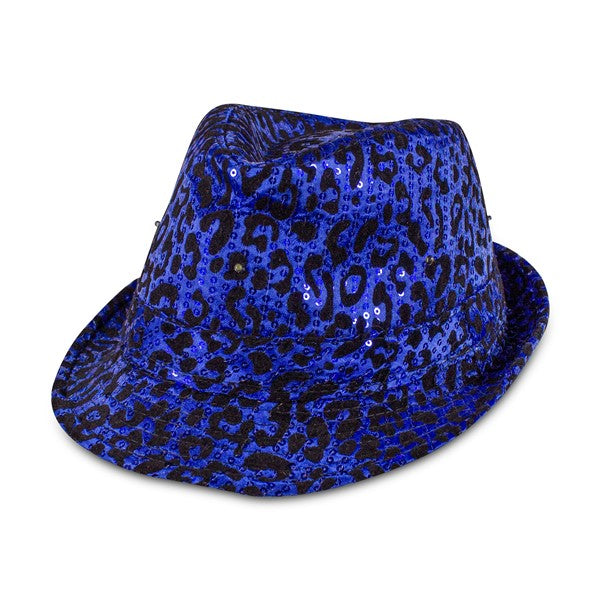 LED Blue Leopard Sequin Fedora Hat