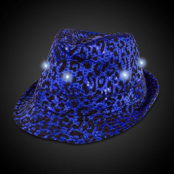 LED Flashing Blue Leopard Sequin Fedora Hat