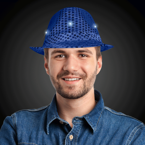 LED Flashing Blue Sequin Fedora Hat