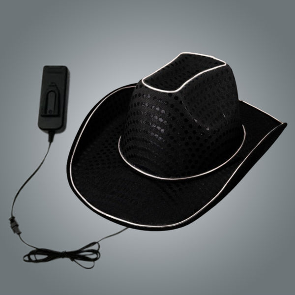 LED Flashing EL Wire Glow Black Sequin Cowboy Hat - Pack of 12 Hats