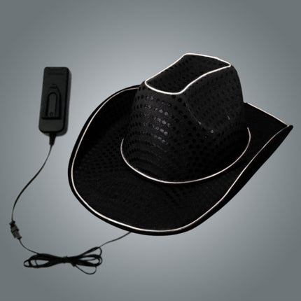 LED Flashing EL Wire Glow Black Sequin Cowboy Hat - Pack of 2 Hats