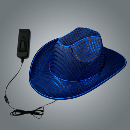 LED Flashing EL Wire Glow Blue Sequin Cowboy Hat - Pack of 12 Hats