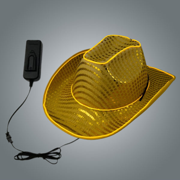 LED Flashing EL Wire Glow Gold Sequin Cowboy Hat - Pack of 2 Hats