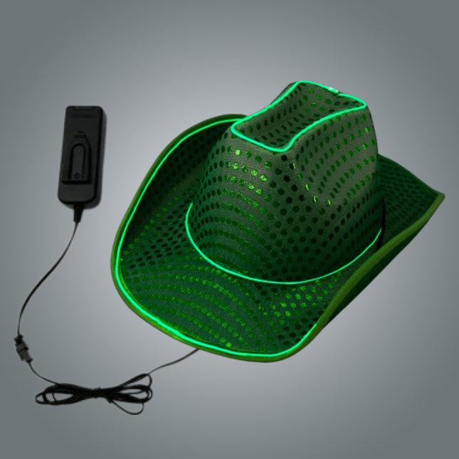 LED Flashing EL Wire Glow Green Sequin Cowboy Hat - Pack of 3 Hats