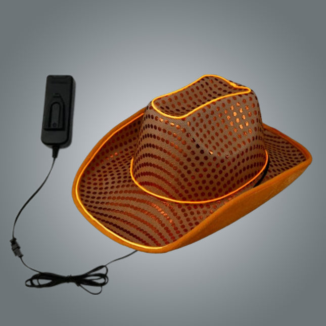 LED Flashing EL Wire Glow Orange Sequin Cowboy Hat - Pack of 3 Hats