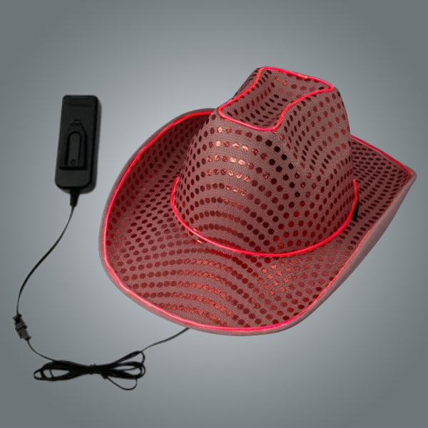 LED Flashing EL Wire Glow Pink Sequin Cowboy Hat - Pack of 12 Hats