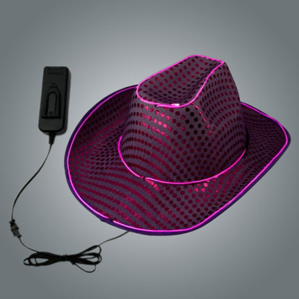 LED Flashing EL Wire Glow Purple Sequin Cowboy Hat - Pack of 12 Hats