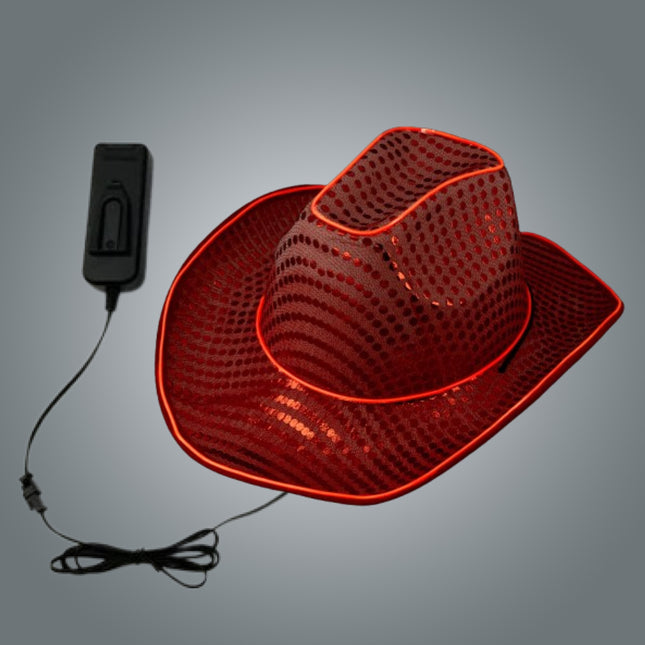 LED Flashing EL Wire Glow Red Sequin Cowboy Hat - Pack of 4 Hats