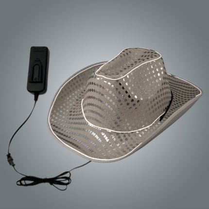 LED Flashing EL Wire Glow White Sequin Cowboy Hat - Pack of 3 Hats