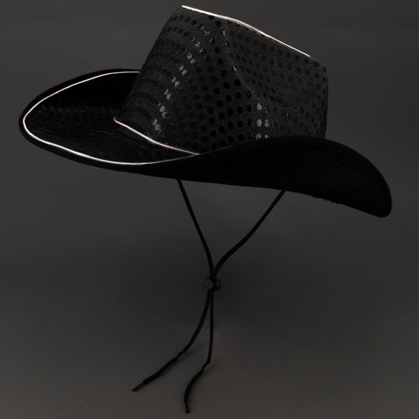 LED Light Up Flashing EL Wire Black Sequin Cowboy Hat