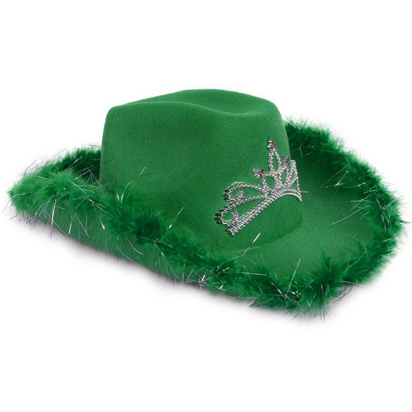 LED Flashing Green Feather Cowboy Hat With Tiara