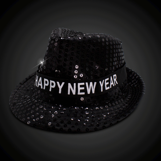 LED Flashing Happy New Year Black Sequins Fedora Hat