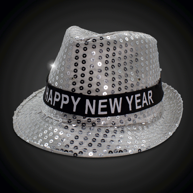 LED Flashing Happy New Year Silver Sequins Fedora Hat
