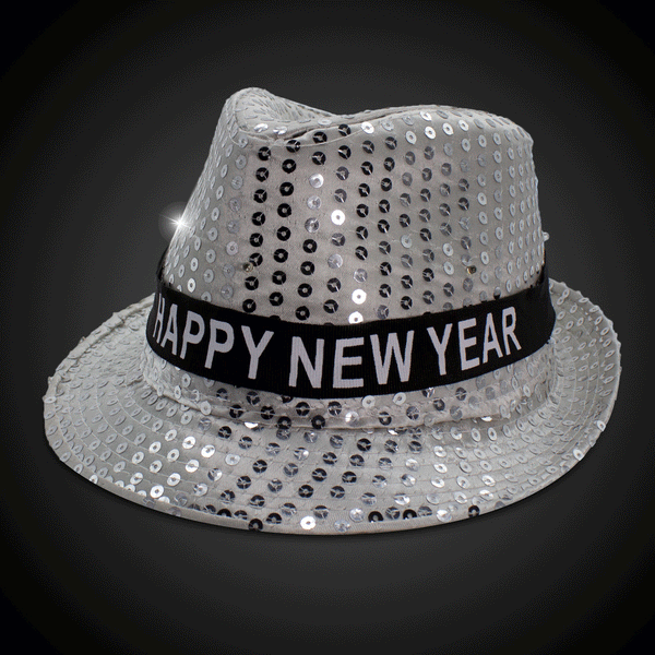 LED Flashing Happy New Year Silver Sequins Fedora Hat